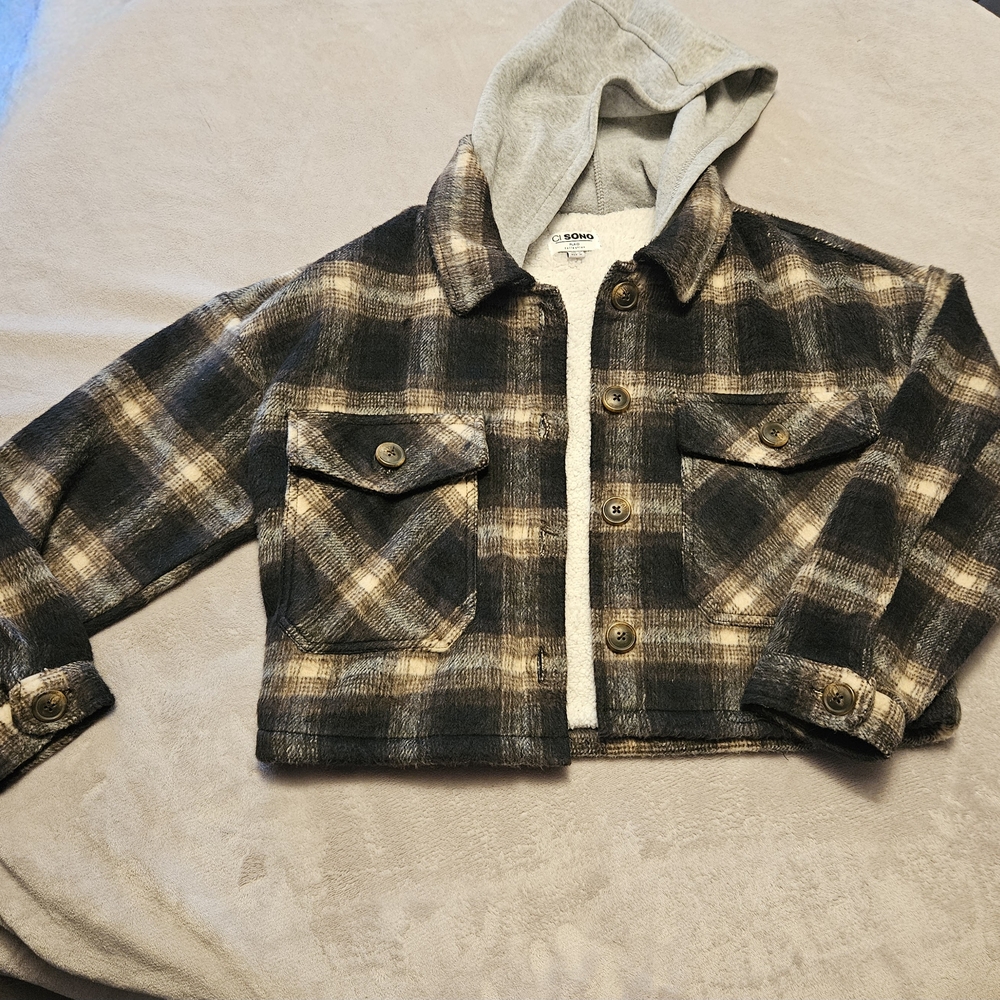 Ci Sono Plaid Bomber Jacket with Hoodie - Black and Tan